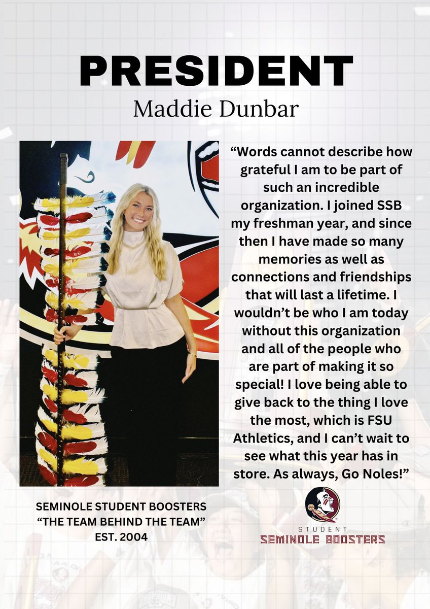FSUSSB's tweet photo. Meet our 2024 President @maddiedunbar_ ! https://t.co/B4hUgmF4Jb