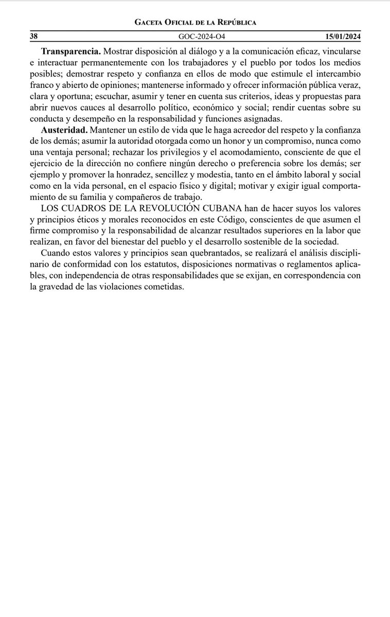 Código de Ética de los Cuadros de la Revolución cubana exige de los cuadros en su comportamiento diario una conducta ejemplar, de elevados valores morales, profunda sensibilidad humana, inquietud revolucionaria, apego a la legalidad y claro sentido del deber. #EstaEsLaRevolución