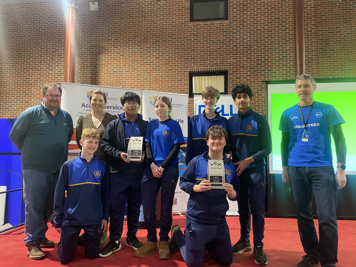 KinsaleComSch's tweet photo. Congratulations to @KinsaleTY on their outstanding performance @VEXRoboticsIE Regionals today taking home Tournament Champion, Excellence Award, Skills Award &amp; Design Award. 🥇 Ethan Smyth deservedly presented with Volunteer Award. Well done Ms Hay, Mr Farren &amp; Mr Leahy 🥳👏 https://t.co/eulZzw3Avq