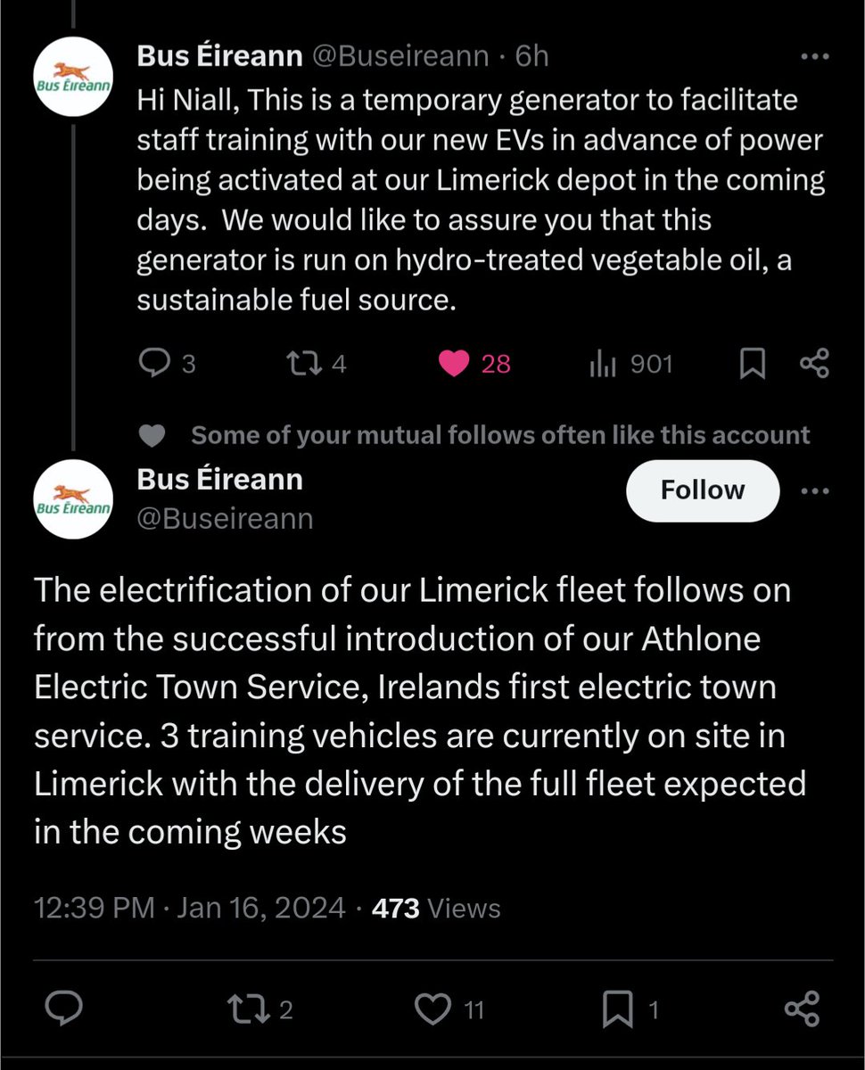 Feljin_J's tweet photo. Climate deniers: Dublin Bus are charging electric buses from diesel generators. It's a scam. (Seen by 200k people)

Truth: Bus Éireann are charging 3 buses from hydrogenated vegetable oil for driver training to be ready when chargers become active. (Seen by 1k people) https://t.co/0GCr43SSIt