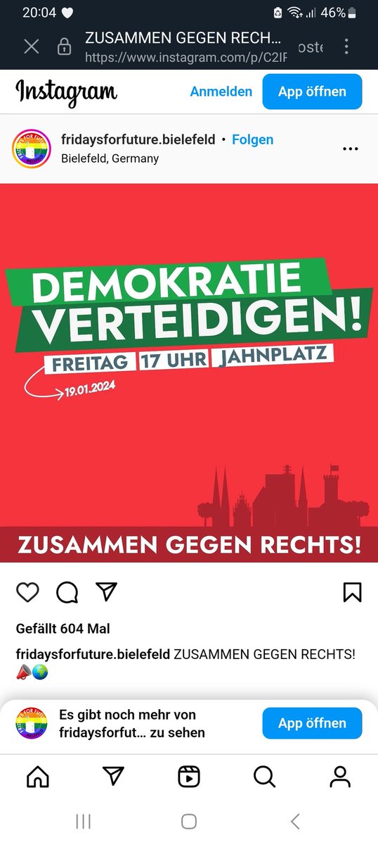 Und weil's pressiert.. noch 'ne Demo in #Bielefeld 
Kante zeigen gegen Rechts!
Gegen Rassismus, Antisemitismus und sonstige faschistoide Ideen.. 
Kundgebung 
am 19.1.24, 17.00h, Jahnplatz in #Bielefeld #NieWiederIstJetzt #fckafd #gegenRechts #FridayagainstfuckingFascism