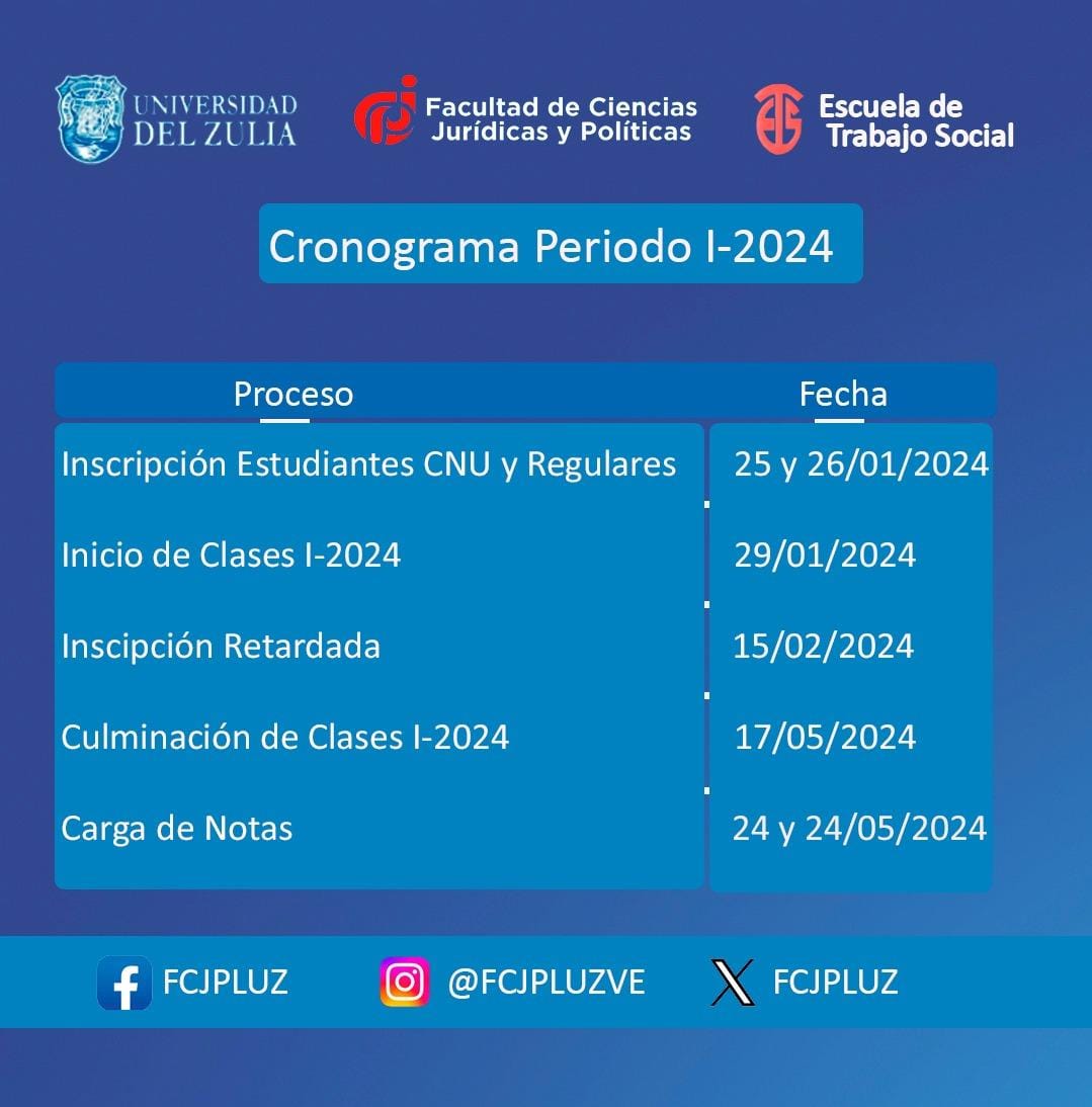 ⚠️Atención aspirantes y estudiantes para la Escuela de Trabajo Social, listo cronograma de proceso de inscripción para el periodo 1-2024.

#ingresoluz #secretarialuz #universidaddelzulia #cupoluz
@secretarialuzve