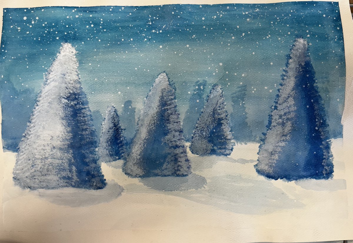 CommackSchools's tweet photo. Perfect for today!! The CHS studio in fine arts class are working on watercolor winter snow scenes.
#landscapepainting  #MackArt #commackhighschool #commackschools #perspective razzano❄️ https://t.co/bMvsEnEIPz