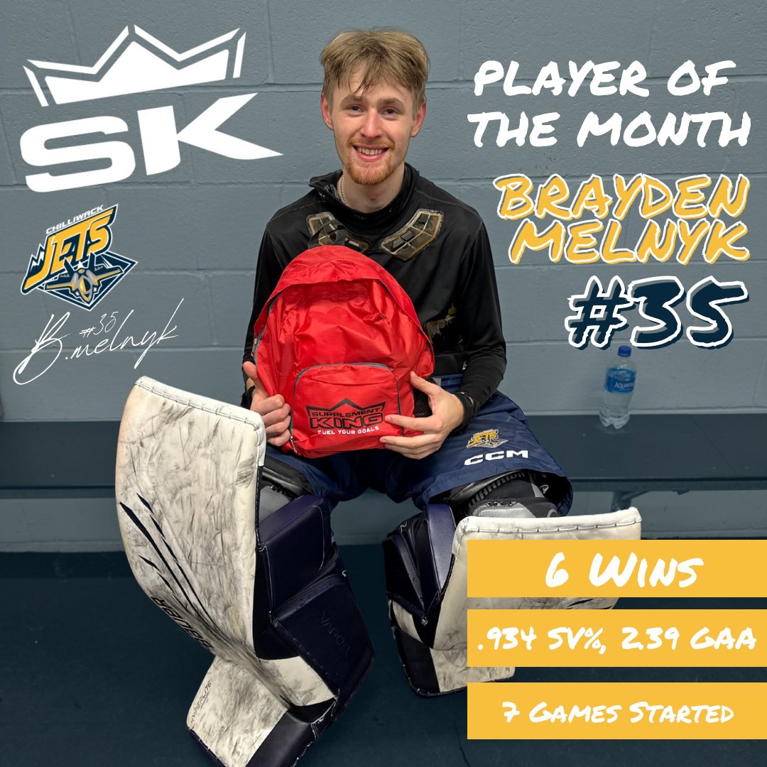 DECEMBER’s Supplement King Chilliwack, Player of the Month is your Jets Goaltender, #35 Brayden Melnyk

Another SHOUTOUT to Supplement King Chilliwack for the prize package full of work out goodies and swag! We appreciate your dedication to our players being their best! 🛩️💪🏻