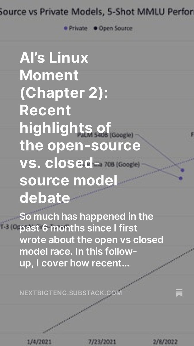 So much has happened in the 6 months since I wrote abt the open vs closed model race In this follow-up, I cover recent developments in this heated battle: 1⃣ Narrowing capability gap 2⃣ Reduced knowledge sharing 3⃣ Security debate 4⃣ Regulatory impact nextbigteng.substack.com/p/ais-linux-mo…