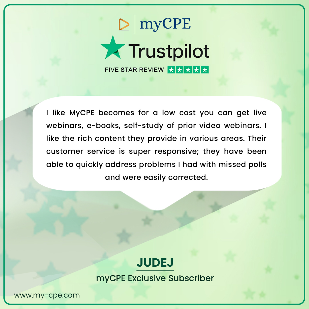 We received a glowing 5-star review from JudeJ. ⭐⭐⭐⭐⭐

Thank you for choosing and trusting us with your CPE journey.

Do not miss our New Year Sale 2024, Get 67% Off on your Annual CPE Subscription: bit.ly/3OR2kcN

#myCPE #experience #trustpilotreviews