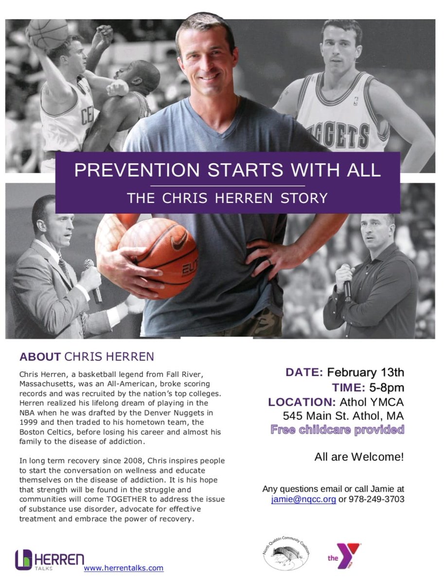 MassHireFHWB's tweet photo. Come join North Quabbin Community Coalition at the Athol YMCO on February 13th from 5-8PM for "Prevention Starts with All: The Chris Herren Story". https://t.co/9h6vFjxovR