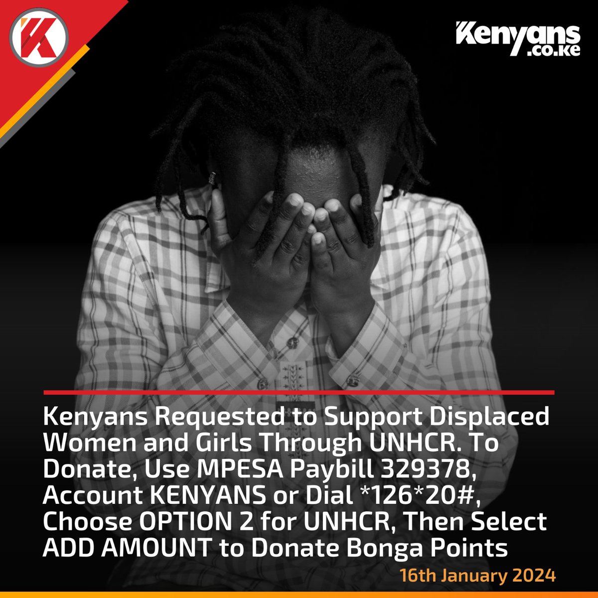 Kenyans's tweet photo. Kenyans requested to support displaced women and girls through @UNHCR_Kenya. To Donate, use MPESA Paybill 329378, Account KENYANS or dial *126*20#, Choose OPTION 2 for UNHCR, Then Select ADD AMOUNT to donate Bonga Points 
#BongaForLife https://t.co/oqpVURN8wW