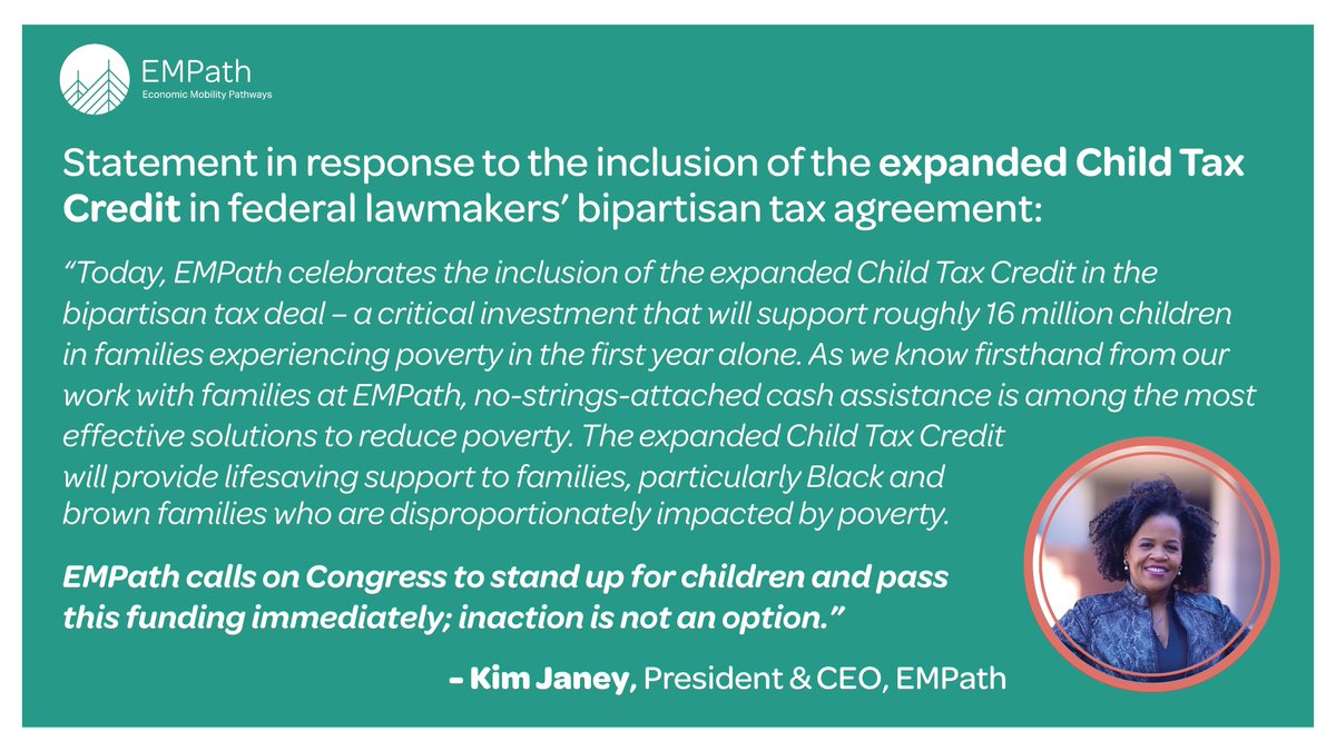 EMPath applauds the #ChildTaxCredit expansion as part of the latest bipartisan federal tax package! 👏 Though long overdue, cash assistance is imperative to lifting families out of deep poverty. Read the full statement from EMPath's CEO @Kim_Janey: empathways.org/news/article/e…