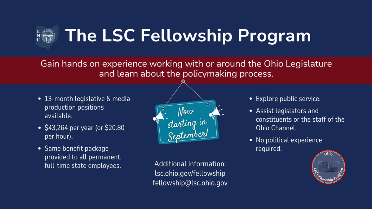 @mershoncenter @OSU_Law @osupolisci @ASCareersuccess Applications for the 2025 Class of LSC Fellows accepted until 4.12.24; share w/ others who may be interested! lsc.ohio.gov/fellowship #lscfellowship #stategovernment #ohio #publicservice #legislativefellowship #mediaproduction