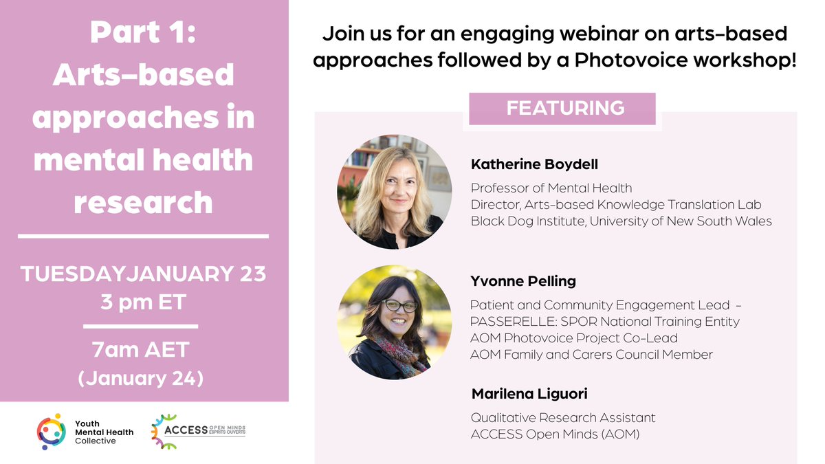 #TuesdayVibe: Join us for an innovative #webinar on #artsbased approaches in #mentalhealth research on January 23 at 3pm ET. We are so excited to learn from @KBoydell @blackdoginst , Yvonne Pelling @Passerelle_NTE and Marilena Liguori. Register here➡️ bit.ly/3vH0VOA