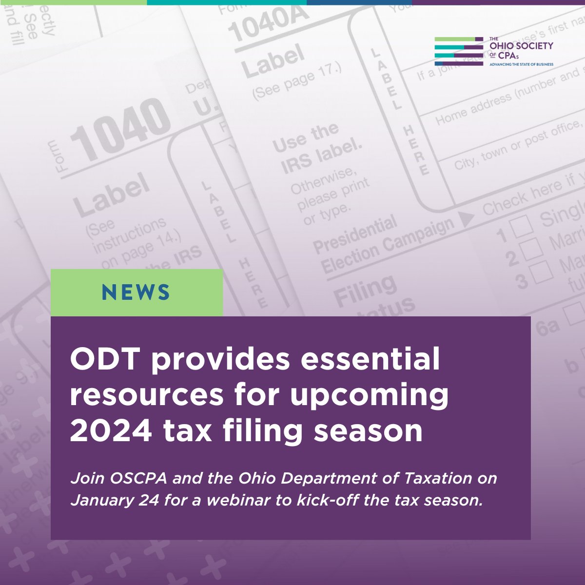 OSCPA's tweet photo. Kick-off the 2024 tax filing season by registering for the January 24 webinar hosted by OSCPA and the ODT. Receive updates for individual &amp; school district income tax for #tax year 2023. 
https://t.co/BQFA6tX5lr https://t.co/F1sNIv1Kk1