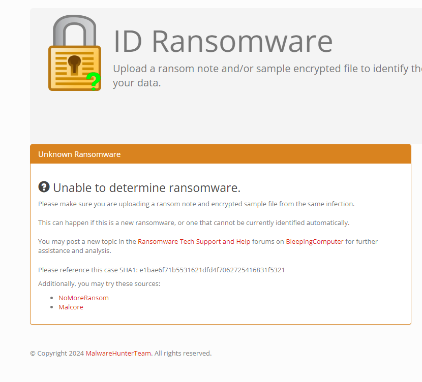 We are happy to announce that we are now featured as an alternative source on id-ransomware. If you can't find a match using them we will be listed as an alternative source. Thank you @malwrhunterteam for providing us with the opportunity to further help people in need!