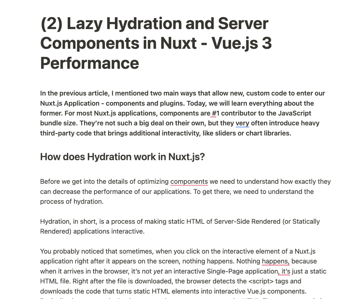 I just finished the second article for the revived Vue.js Performance series at <a href="/VueSchool_io/">Vue School</a> and I really like it (which happens rarely, trust me).

I think it approaches the topic very well and even gives a glimpse of the future APIs that could be coming to <a href="/nuxt_js/">Nuxt</a>.

Expect it
