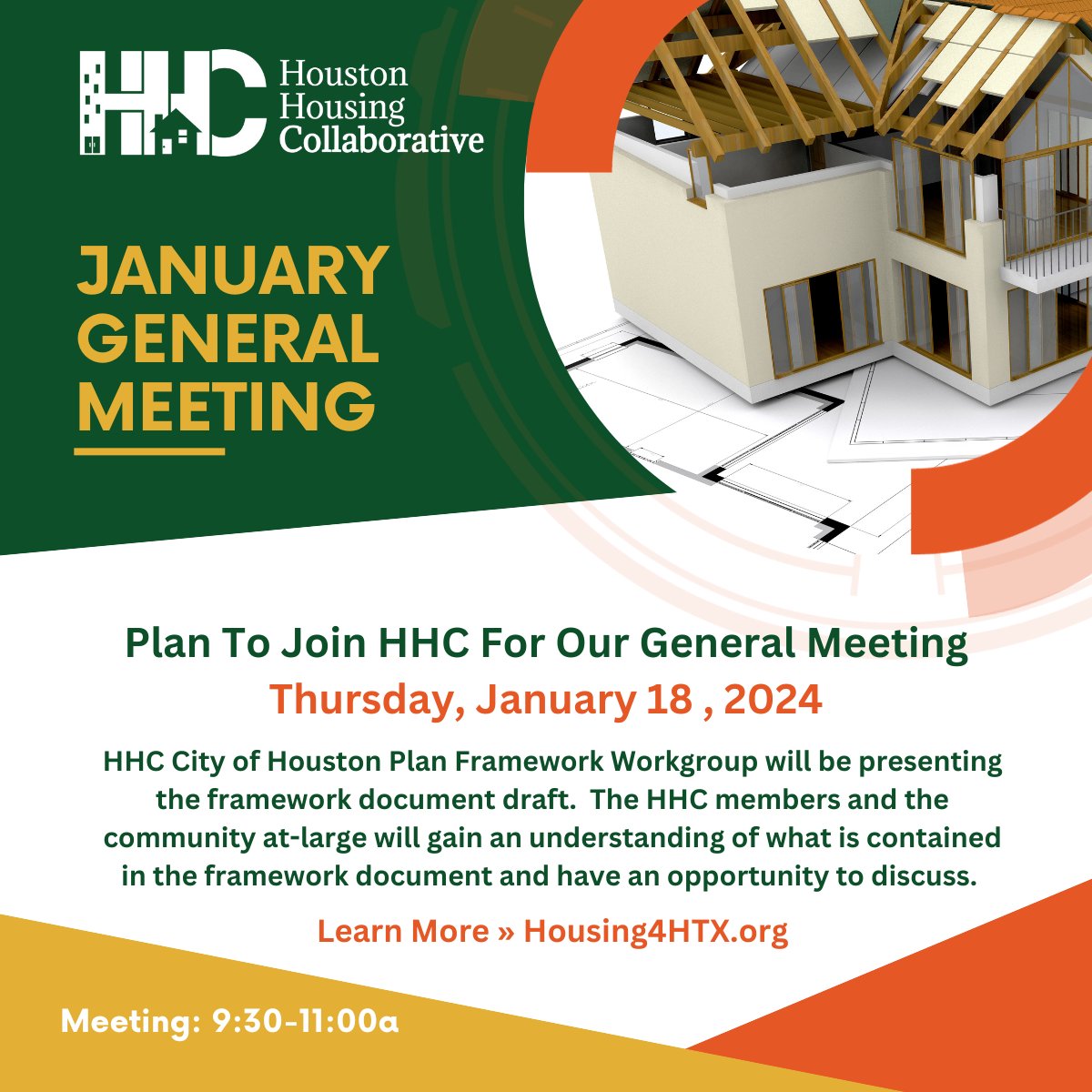 housing4htx's tweet photo. Plan to join our next General Meeting this Thursday, January 18, 2024!  HHC City of Houston Plan Framework Workgroup will be presenting the framework document draft!
✅Learn more at: https://t.co/ny9bbLEiw2 https://t.co/xJrLjKjx2R
