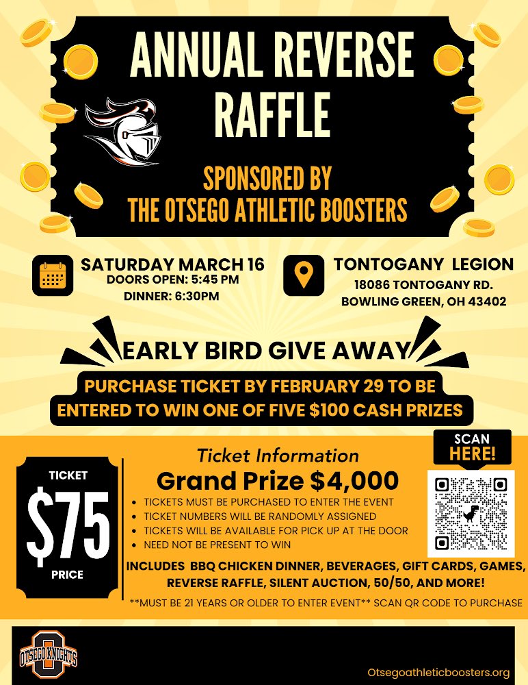 So excited to announce our reverse raffle will be on March 16th.  We are also offering an early bird special this year if you purchase your ticket prior to Feb 29th you will be eligible for 5 $100 drawings. Tickets will go fast and we will sell out.  
otsegoathleticboosters.org/product/2024-r…