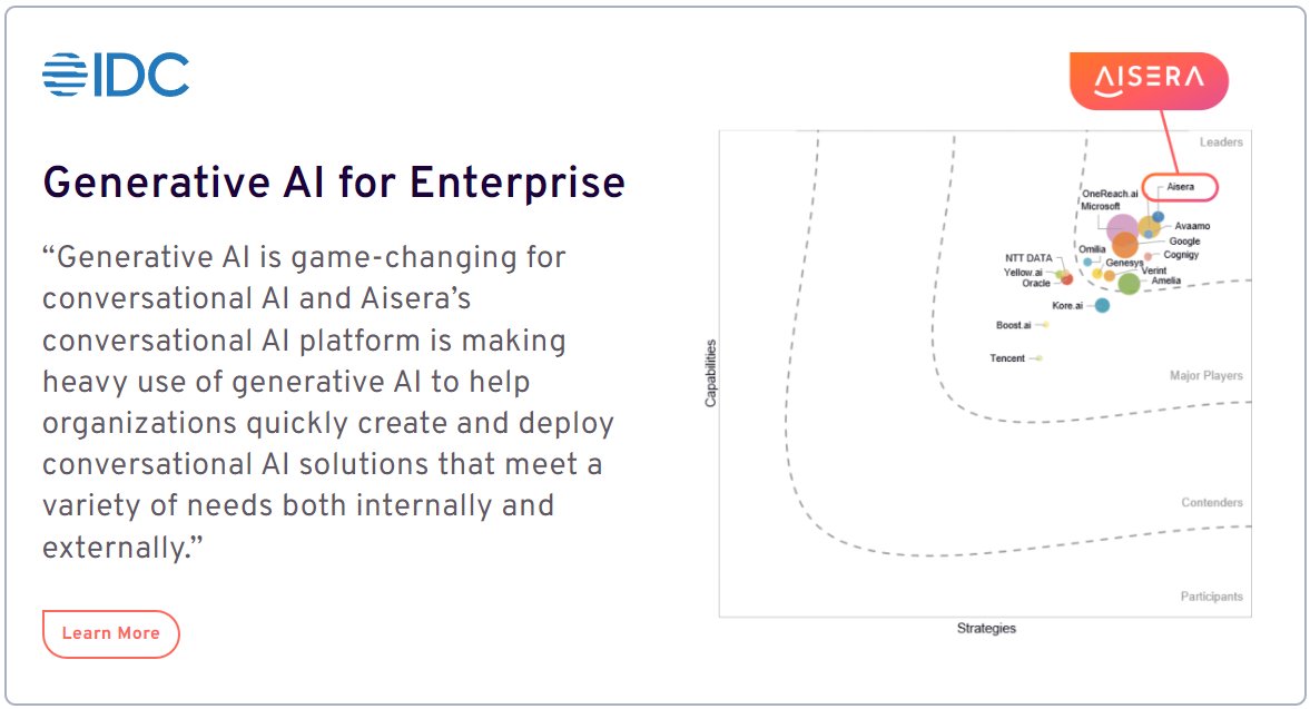 🏆 Exciting news! Aisera has been named a Leader in the IDC MarketScape Report for Generative AI. 

For a deeper dive into the report: aisera.com/idc-conversati…

#IDC #GenerativeAI #LLMs #AiseraGPT #AICopilot