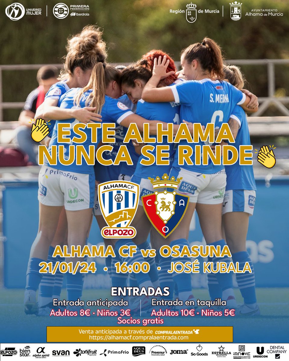 👏𝑬𝒔𝒕𝒆 𝑨𝒍𝒉𝒂𝒎𝒂 𝑵𝒖𝒏𝒄𝒂 𝑺𝒆 𝑹𝒊𝒏𝒅𝒆 👏

🎟Saca ya tu entrada online: alhamacf.compralaentrada.com

🆚 <a href="/Osasuna_fem/">C.A. OSASUNA</a> 
🏟 Estadio José Kubala
🕒21 de enero a las 16h