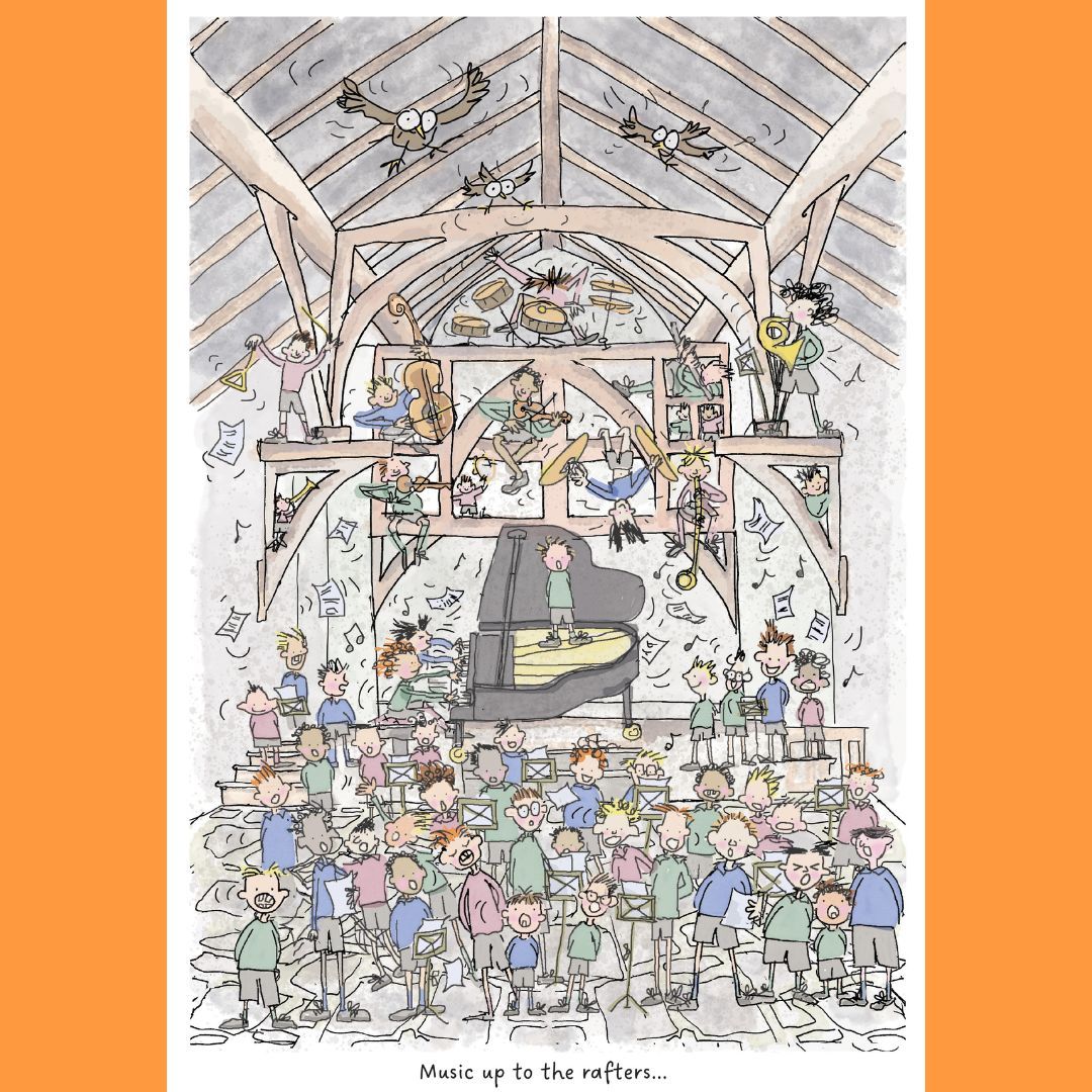 PilgrimsSchool's tweet photo. Music is a big part of Pilgrims' life, with 87% of boys playing a musical instrument, and over 100 choosing to play two or more! 🎵 🎼 

Pilgrims' Hall is captured beautifully here by illustrator #Belinda Roberts. 

#MusicalSchool #PilgrimsLife #MusicUpToTheRafters #SchoolLife https://t.co/eGRG1tRiVn