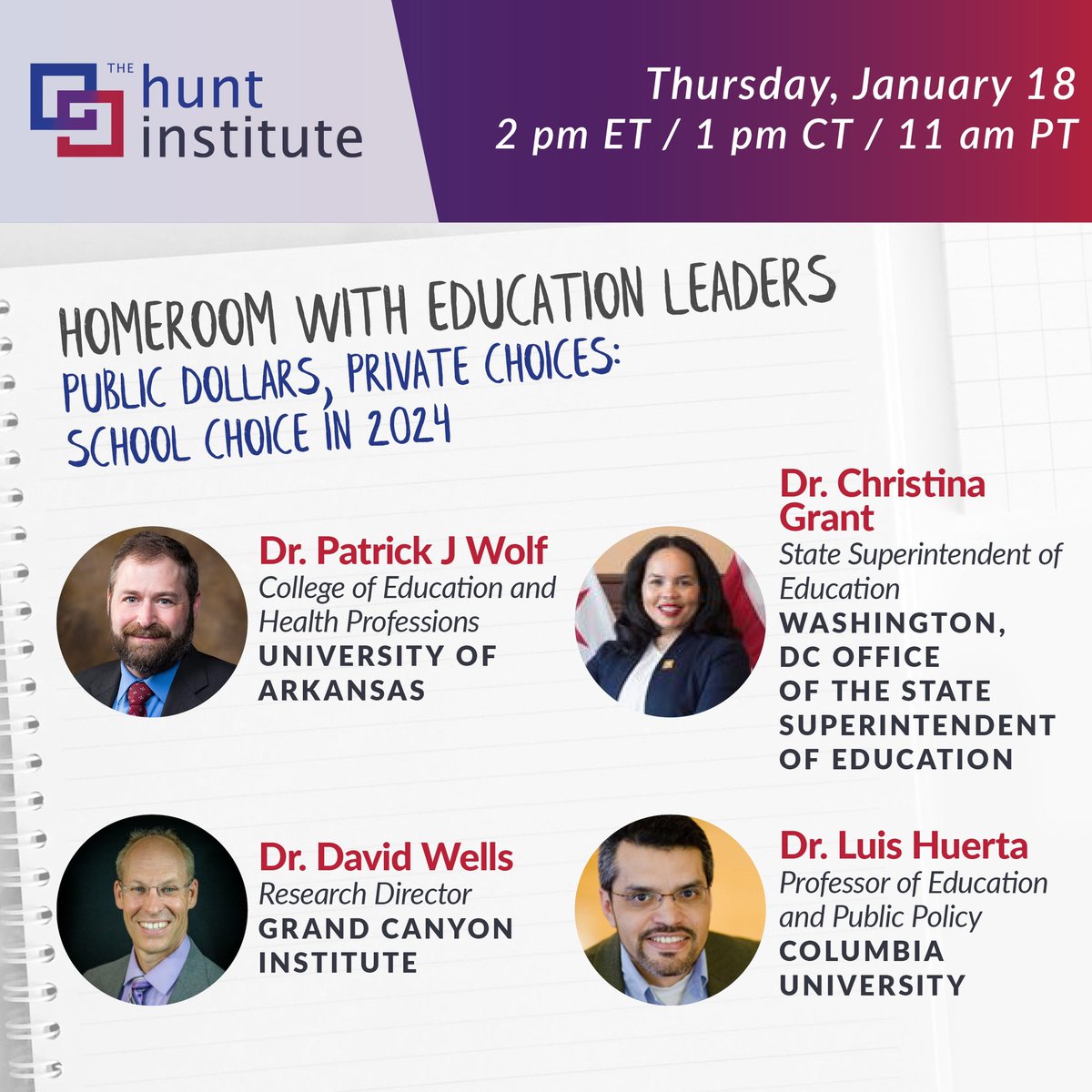 On 1/18, @P_Diddy_Wolf, @DCSuptGrant, Dr. David Wells, and Dr. Luis Huerta will lead an #EdHomeroom webinar with The @Hunt_Institute on school choice in 2024! Register here to attend: ow.ly/KXPa50QjlIa
