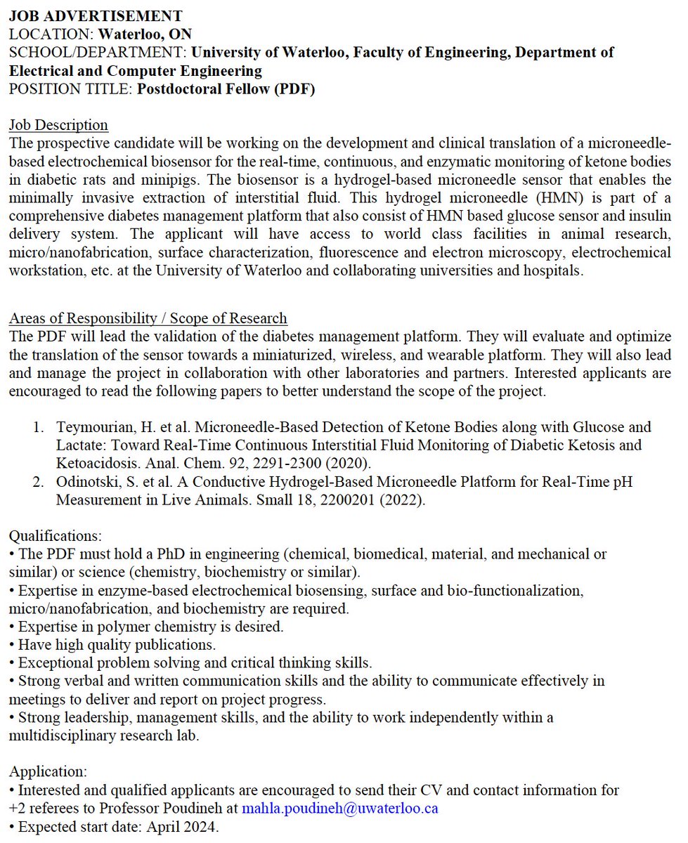 A PDF position in electrochemical biosensing is open at IDEATION Lab. If you meet the qualifications and are interested, please send me your CV+contact for 2 references. Only candidates eligible to work in Canada are considered, given the immediate availability of the position.