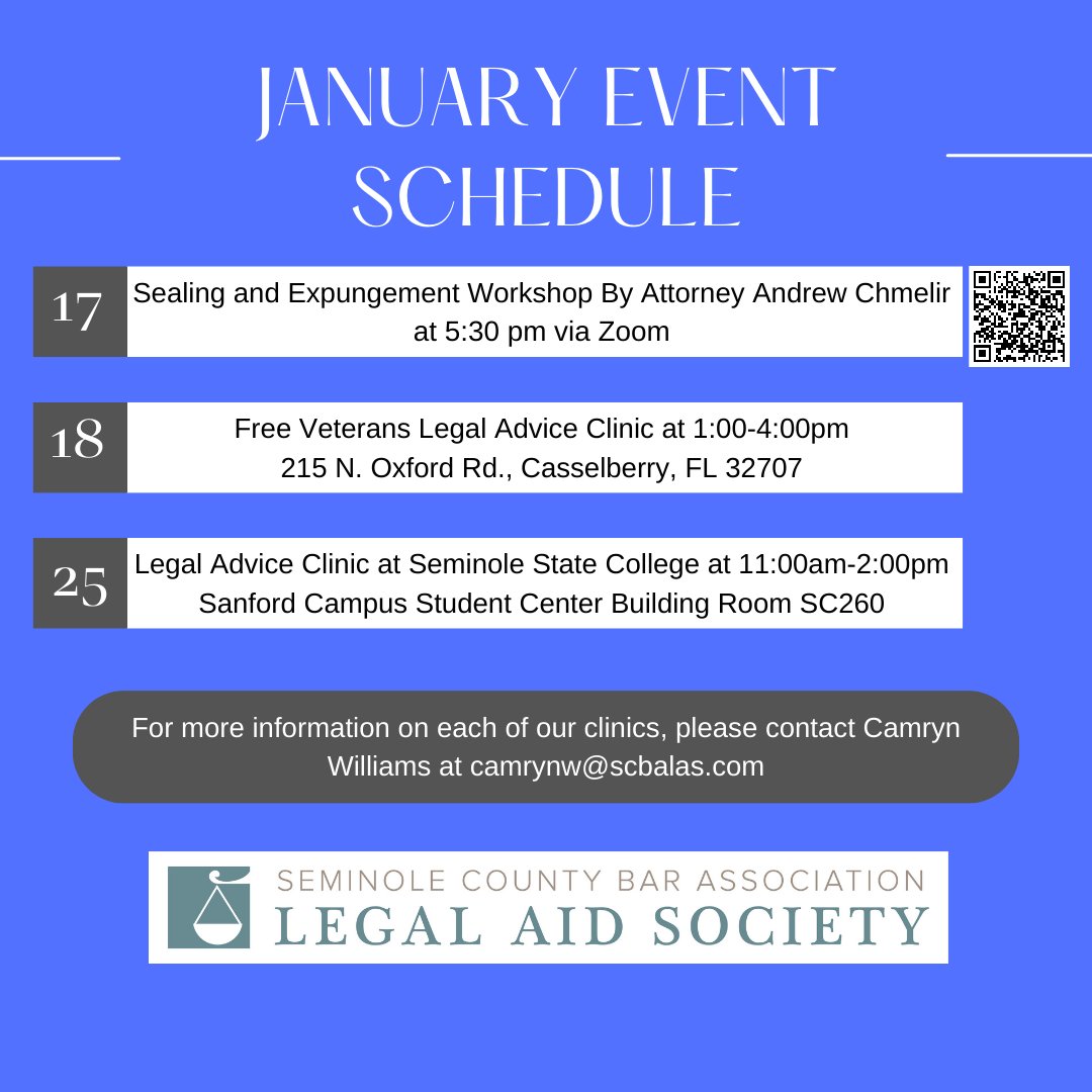 We are so excited for the line up of this months clinic. Looking forward to starting the year off right! #Sealing #ClearYourRecord #veterans #January #NewYear #SeminoleState #students #FreeLegalAdvice #FreeLegalAid #FreeWorkshop