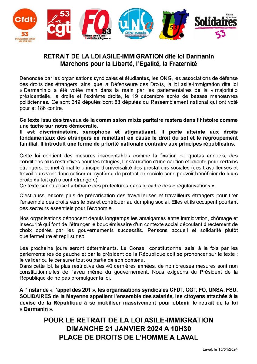 solidaires53's tweet photo. 🔥🔴️#laval 10h30 Parvis des droits de l'homme 🔴🔥retrait #LoiImmigration https://t.co/0GjhuCV5UG