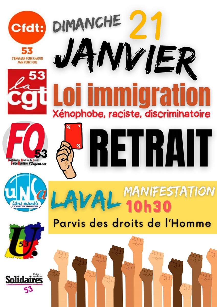 solidaires53's tweet photo. 🔥🔴️#laval 10h30 Parvis des droits de l'homme 🔴🔥retrait #LoiImmigration https://t.co/0GjhuCV5UG