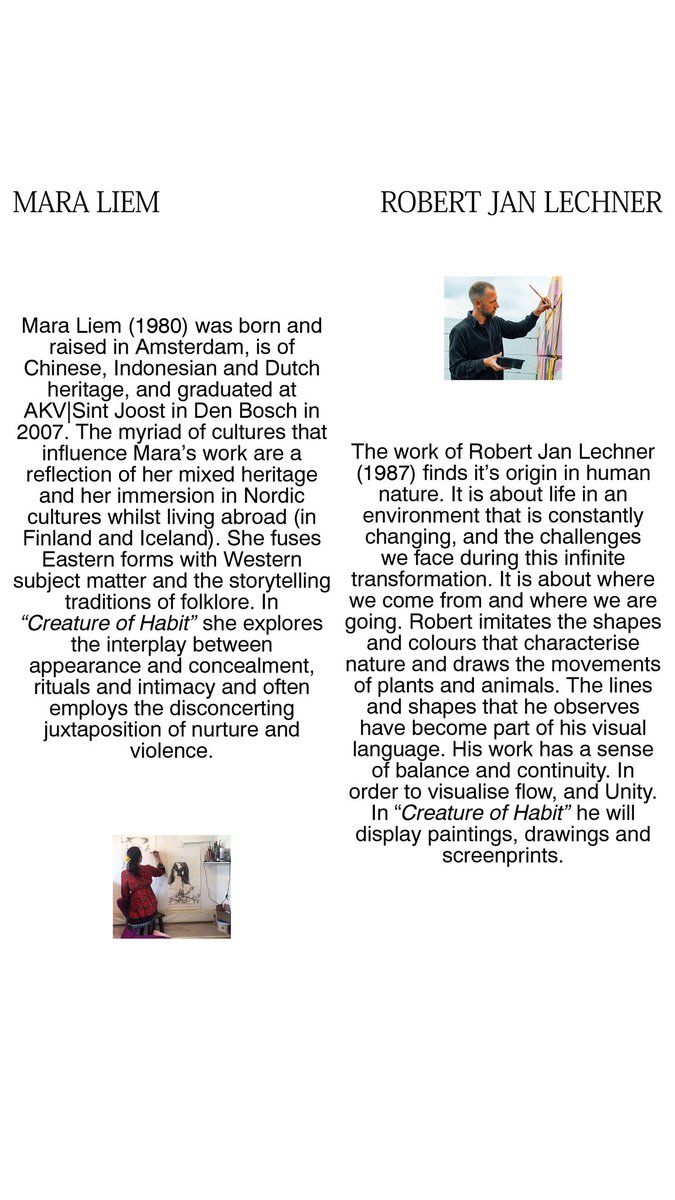 #EXHIBITION: CREATURE OF HABIT - 16-22 FEB 2024, AMSTERDAM

EM Studio/Gallery, Witte de Withstraat 2, Amsterdam. Visiting hours: Mon-Fri 12.00-18.00, Sat 12.00-20.00, Sun 12.00-17.00.

COME!