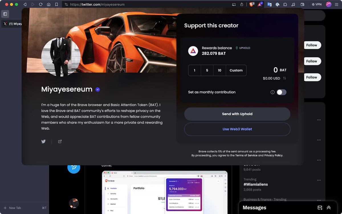 🔥 Announcing on-chain contributions for @brave Creators! Users can now  directly support their favorite digital creators with $BAT, $ETH, or $SOL  using their Web3 wallet. This completely self-custody way to contribute  enhances