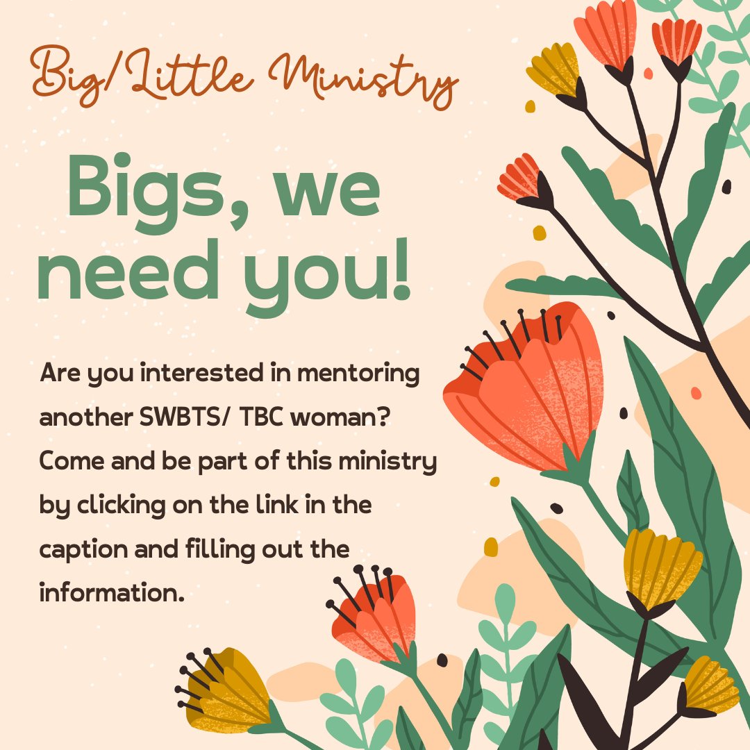 SWBTSWomen's tweet photo. Ladies, would you like to mentor a SWBTS/TBC woman? We want YOU to be a part of it! 
Fill out the link below to sign up!
https://t.co/l8JC1DWwFW https://t.co/gF7RrirRqE