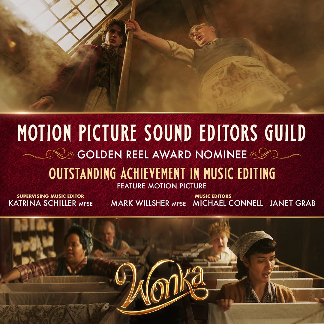 Congratulations to the #WonkaMovie sound team! Their incredible work on our film is now nominated by the @mpseorg for Outstanding Achievement in Music Editing – Feature Motion Picture!