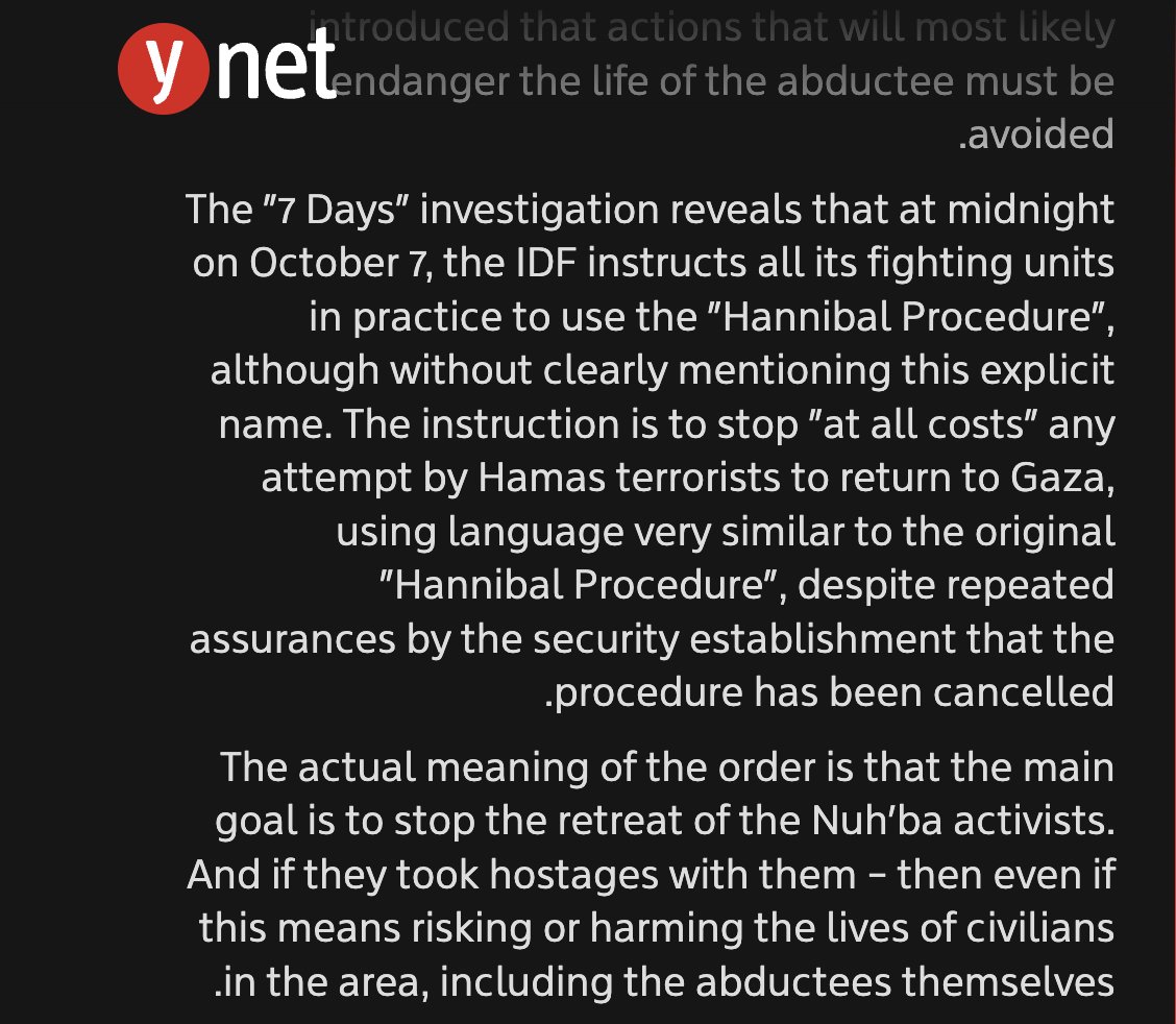 MaxBlumenthal's tweet photo. Full YNet investigation on Oct 7: 

-Confirmation of "mass Hannibal" friendly fire orders
-70 cars hit by Israeli helicopters, tanks or anti-tank missiles "and at least in some cases everyone in the vehicle was killed"
-Firing regulations abandoned https://t.co/BY5a0GgmZx https://t.co/eCcx5MW0wN