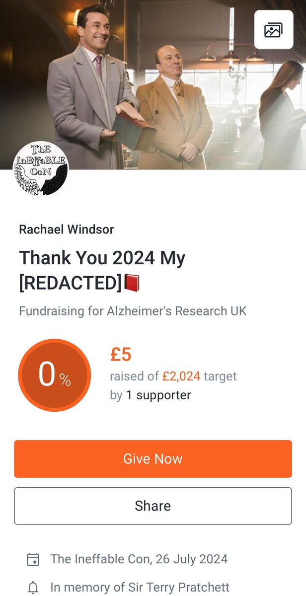 📈 And we’re off! 📈 Thanks to Jules for the first donation on this year’s @AlzResearchUK fundraising page in memory of @terryandrob Sir Terry Pratchett 🙏 All shares are gratefully received and thank you, ineffable #GoodOmens peeps-£50k in 2024! justgiving.com/page/thankyou2…