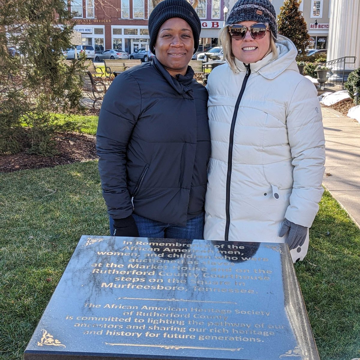 Members of Laura's 'kitchen cabinet' Leslie Marshall and Christa Rembold at the unveiling of the monument honoring enslaved sold on our very own courthouse steps. #murfreesborotn #AllIn4TN #ForThePeople #rutherfordcounty