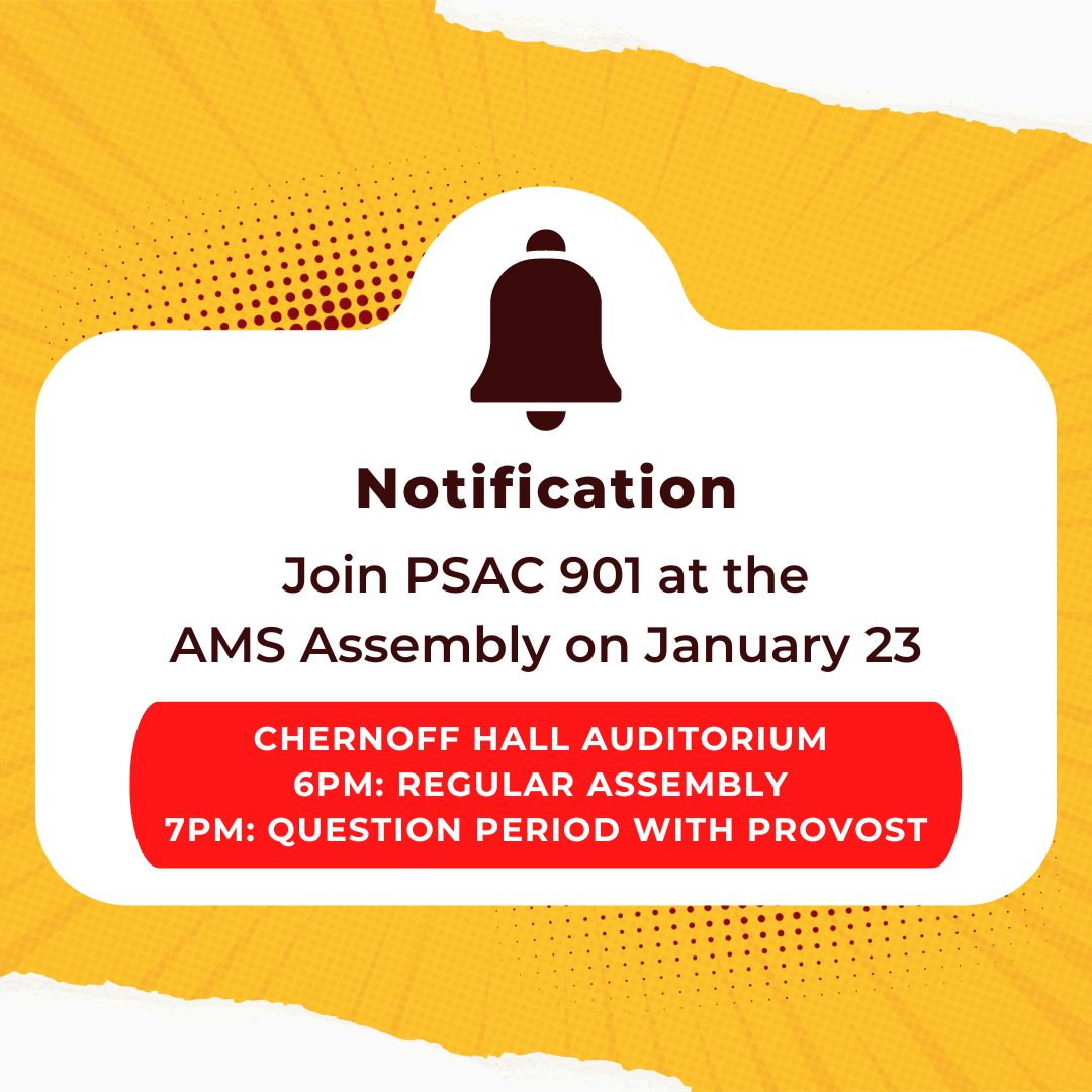 PSAC901's tweet photo. AMS has invited @queensu graduate student employees to attend the upcoming AMS Assembly for a Question Period with the Provost!
See you January 23 in Chernoff Hall Auditorium. Assembly starts at 6, Question Period begins at 7pm
Read more: https:https://t.co/ZBUwbCpuM0 #psac901 https://t.co/JVdn09Dmyi