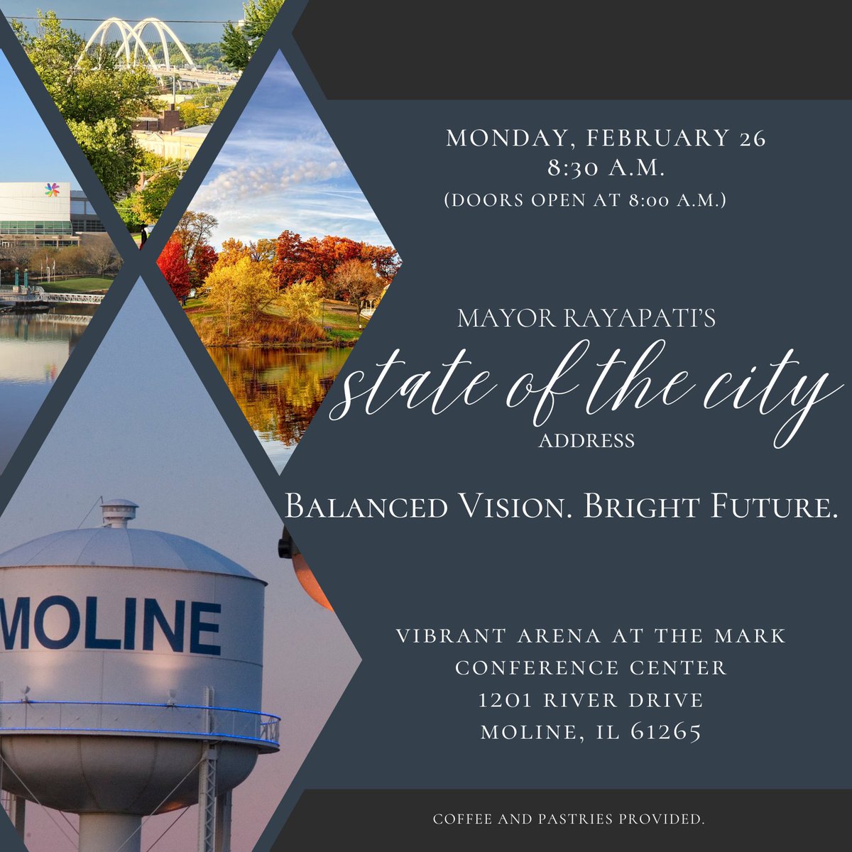 Mayor Rayapati to deliver State of the City address on Monday, Feb. 26 at the Vibrant Arena. The event is open and free to the public. Doors open at 8 a.m. with speech at 8:30. There will be refreshments beforehand.
The 2024 theme is “Balanced Vision, Bright Future.”