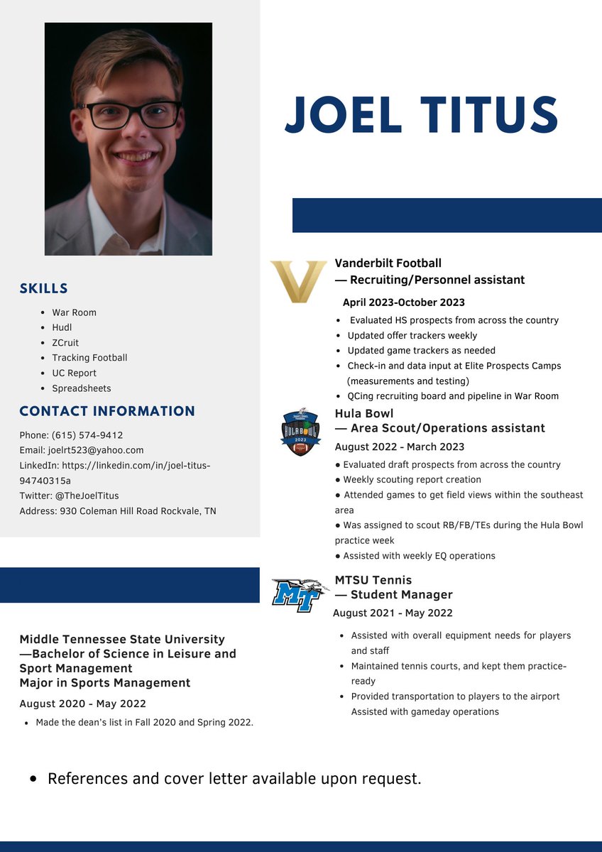Here is my updated resume! Looking to get into a paid recruiting/scouting/personnel opportunity.