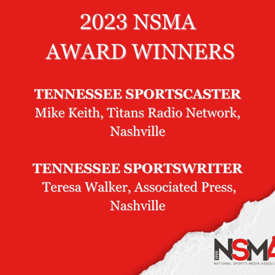 NSMASportsMedia's tweet photo. Our 2023 State Winners:

TENNESSEE SPORTSCASTER OF THE YEAR
Mike Keith
TENNESSEE SPORTSWRITER OF THE YEAR
@TeresaMWalker 

Full list at: https://t.co/wzE3OxfiqV https://t.co/Gve9nFnUu3