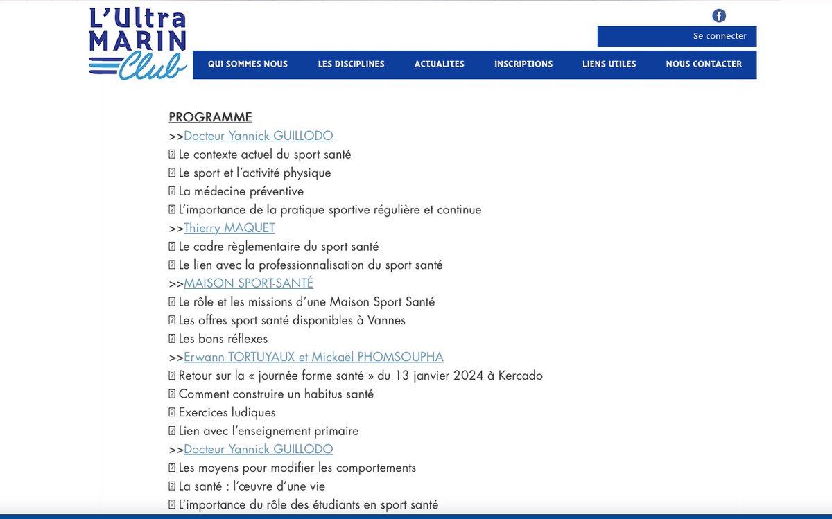[18/01/24] à 14H30 au Palais des Arts de Vannes (56), Conférence #sportsante " La santé, l’œuvre d’une vie"  
Programme 👉ultramarinclub.org/post/conférenc…