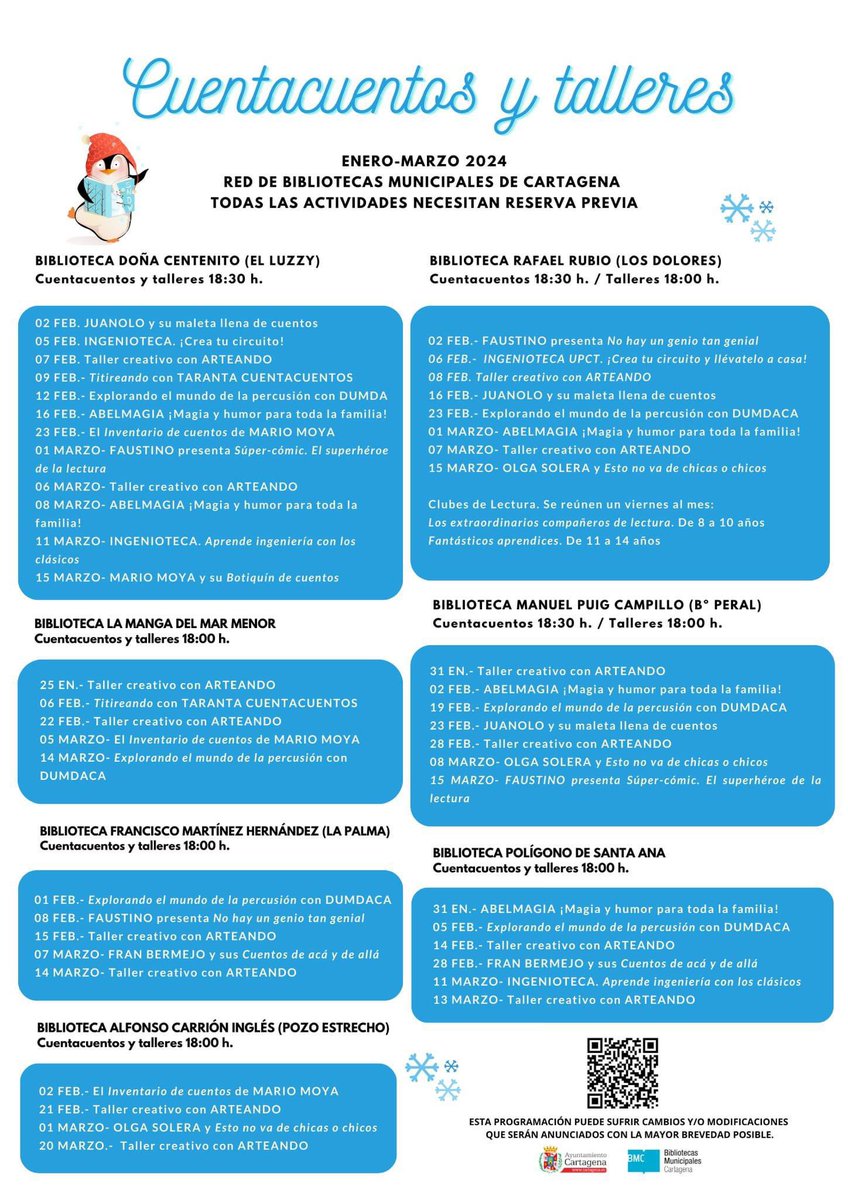 BiblioCartagena's tweet photo. ¡Ya está disponible nuestra programación de Cuentacuentos y Talleres para este trimestre!
⚠️ Recuerda que todas las actividades necesitan reserva previa. Los plazos se abren con 15 días de antelación. ⚠️ 
Reservas aquí 🔗 https://t.co/1PHmzjOcmQ https://t.co/z3EayU5xY3