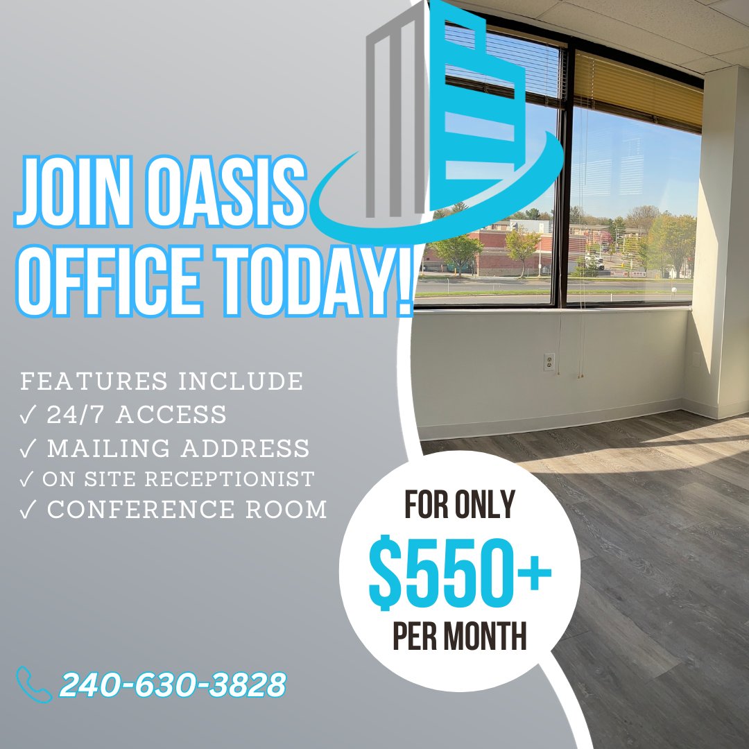 OasisOffice's tweet image. Office rentals tailored for freelancers—craft your own success story in a personalized workspace. Break free from the limitations of conventional offices and embrace a space that adapts #FreelancerSuccess #PersonalizedWorkspace #CraftYourStory #DMVFreelance #OasisOfficeSpace