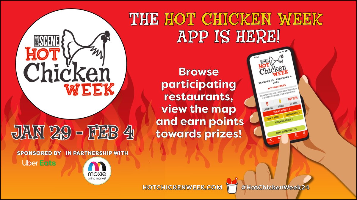 NashvilleScene's tweet photo. It might be freezing outside, but #HotChickenWeek24 is heating up! Join us for $7 hot chicken specials from 30+ restaurants, January 29-February 4.  

Download the app >> https://t.co/WUOyDfHaDE https://t.co/8W9FGRMR2T