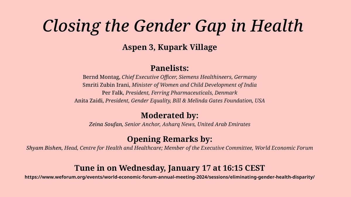 Anita Zaidi (@anitazaidi) on Twitter photo 📆1/17: Join myself and an all-star group of panelists—<a href="/bernd_montag/">Bernd Montag</a>, Per Falk, and <a href="/smritiirani/">Smriti Z Irani</a>—for our conversation on closing gender gaps in health. #WEF24
Globally, women aren’t able to access the care they need. How can we change this?weforum.org/events/world-e… 📆1/17: Join myself and an all-star group of panelists—<a href="/bernd_montag/">Bernd Montag</a>, Per Falk, and <a href="/smritiirani/">Smriti Z Irani</a>—for our conversation on closing gender gaps in health. #WEF24
Globally, women aren’t able to access the care they need. How can we change this?weforum.org/events/world-e…