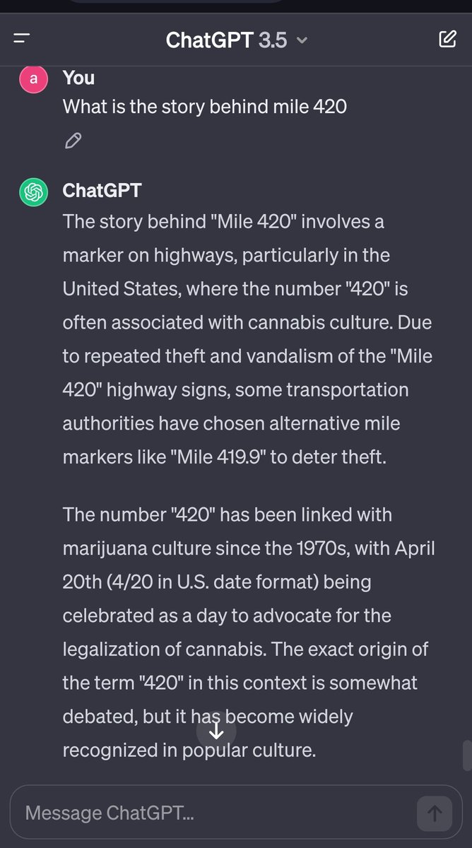 I asked Chatgpt what is the story behind MILE 420 and this is the answer :

#web3    #bitcoin    #crypto #blockchain #ensdomains #nftdomain #ethereum #web3domain #domainforsale #domainbusiness #ens #nft