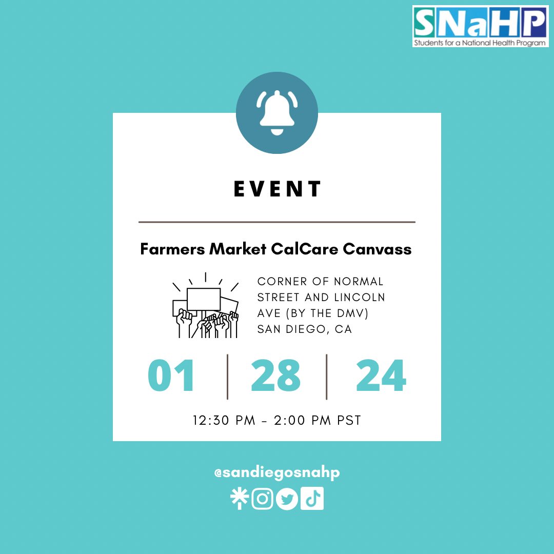 sandiegosnahp's tweet photo. 1/28/24 From 12:30pm-2:00pm
***
📢📅 EVENT: San Diego SNaHP Chapter is holding Farmers Market CalCare Canvass (@CalNurses)! 📅📢
***
Join us then!
RSVP: https://t.co/3RzaSeDAoc

#Event #healthequity #healthcare #SANDIEGO https://t.co/qkf5cPNY21