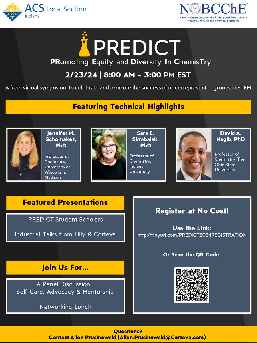 The ACS Indiana Local Section invites you to the 2024 PREDICT Symposium which will be held on February 23 from 8:00 AM to 3:00 PM EST. This free, virtual symposium celebrates and promotes the success of underrepresented groups in STEM. You can register at: tinyurl.com/PREDICT2024REG…