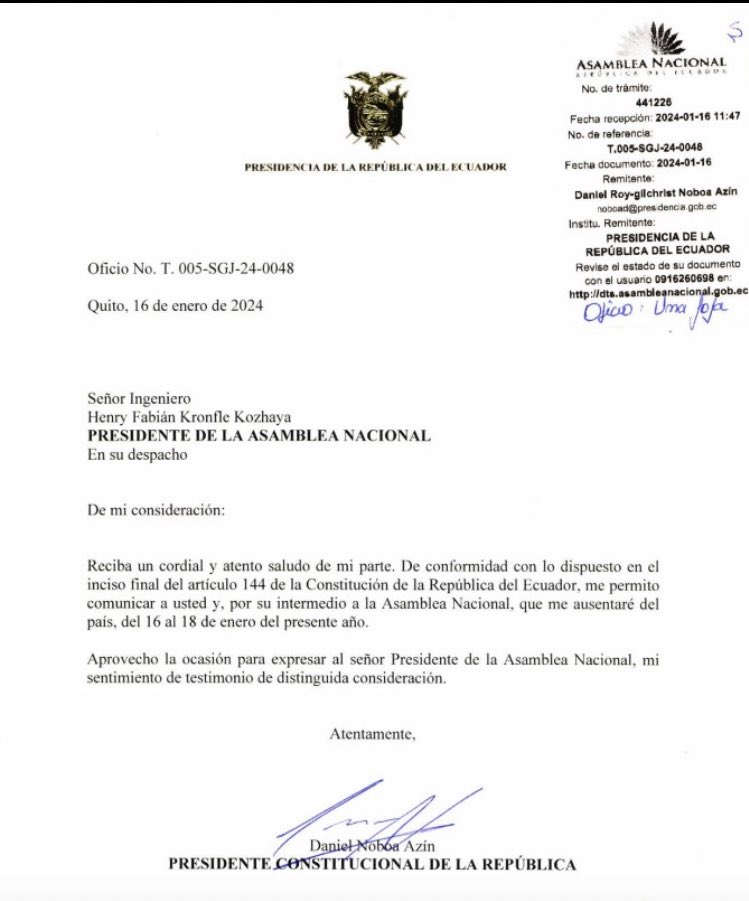 LaDefensaEc's tweet photo. Con #permisito | El #presidente @DanielNoboaOk, envió un comunicado al presidente de la @AsambleaEcuador, @HenryKronfle, anunciando que se ausentará del país del 16 al 18 de enero.
No indica razón, ni destino; pero se conoce que su tercer hijo nació en #Miami este 16 de enero. https://t.co/wV6oPm9n0I