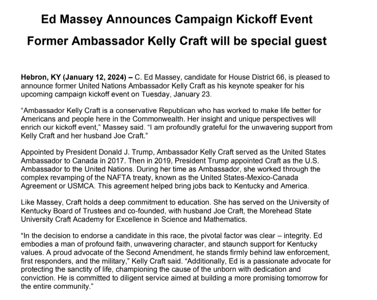 _AustinHorn's tweet image. A pretty big development in the Ed Massey/TJ Roberts NKY GOP primary to replace Rep. Steve Rawlings: Kelly Craft has endorsed Massey &amp;amp; will speak at his kickoff.

Craft has a national GOP resume as a megadonor &amp;amp; former UN official. She finished 3rd in the '23 GOP #kygov primary.