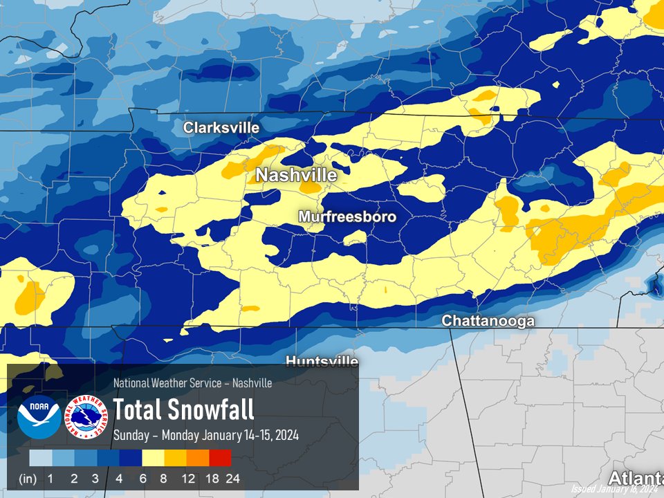 A map showing the distribution of snowfall amounts across Middle Tennessee. 8 inches in Nashville to 5 inches in Lafayette.